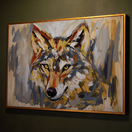 Close-Up Wolf Portrait Canvas Wall Art shown in antique gold floating frame