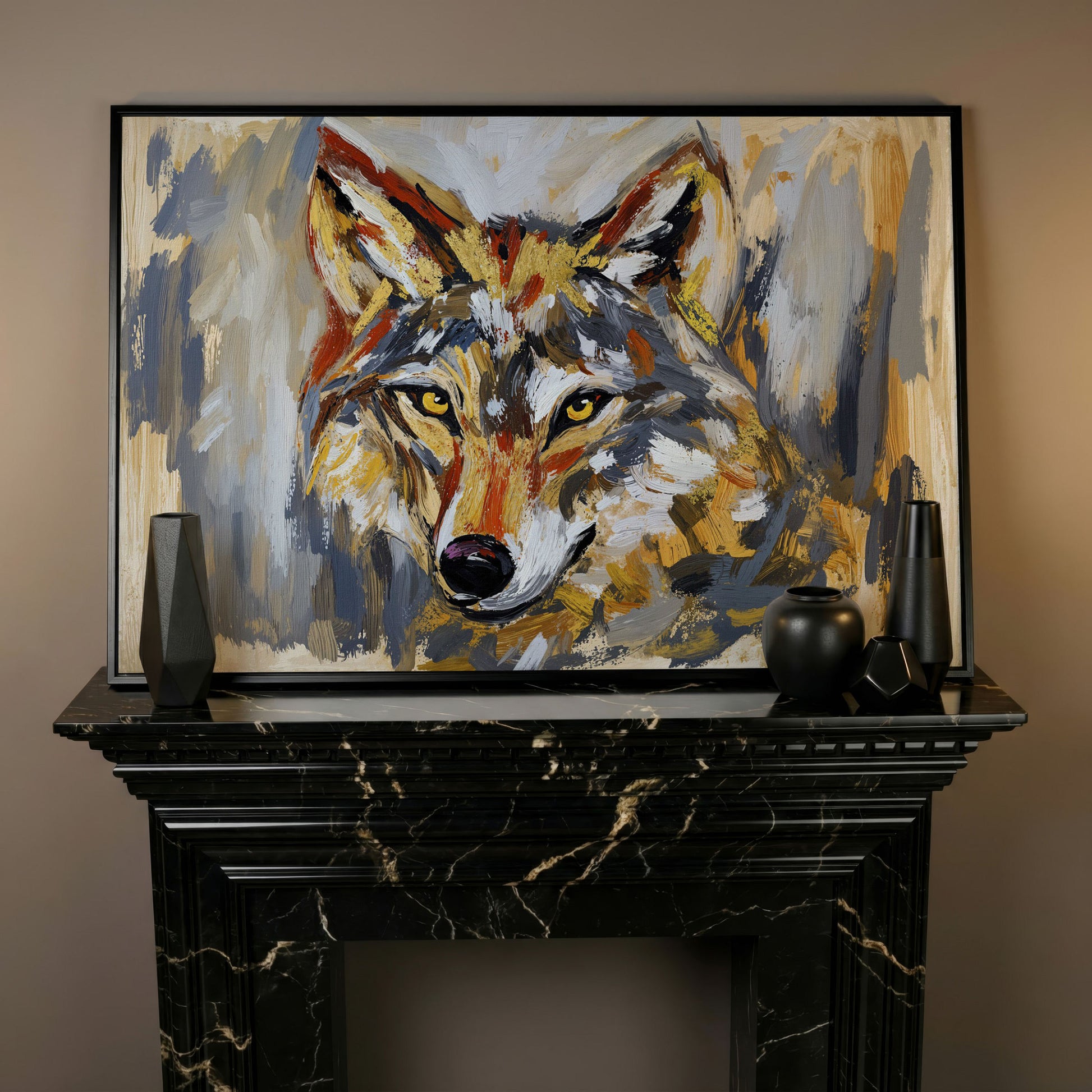 Close-Up Wolf Portrait Canvas Wall Art in black floating frame