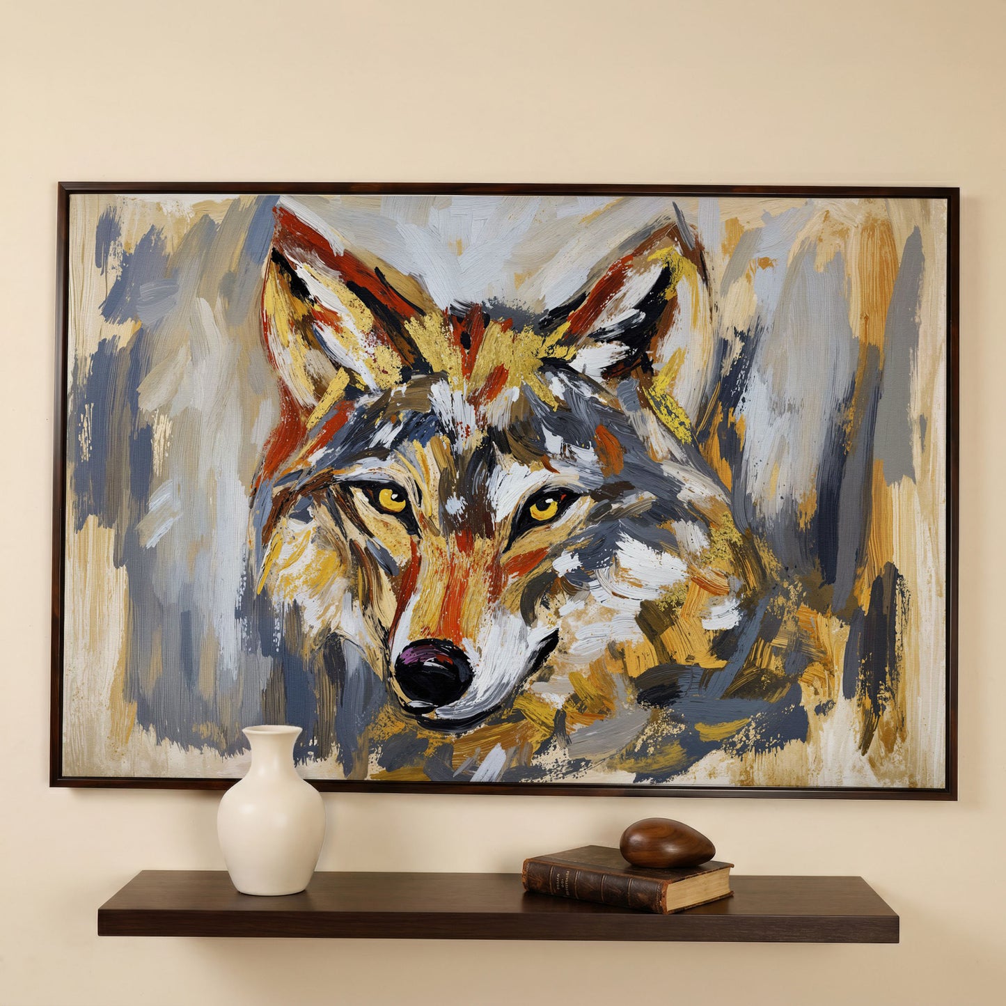 Close-Up Wolf Portrait Canvas Wall Art in dark walnut floating frame