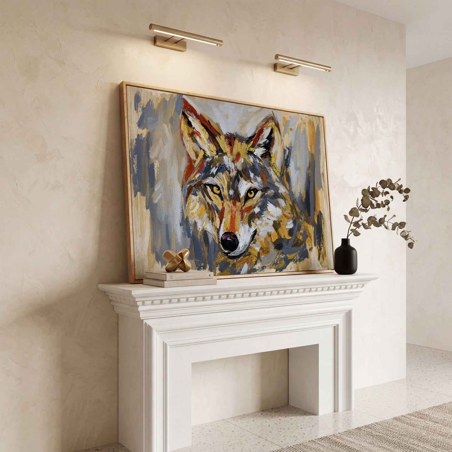 Close-Up Wolf Portrait Canvas Wall Art in white oak floating frame