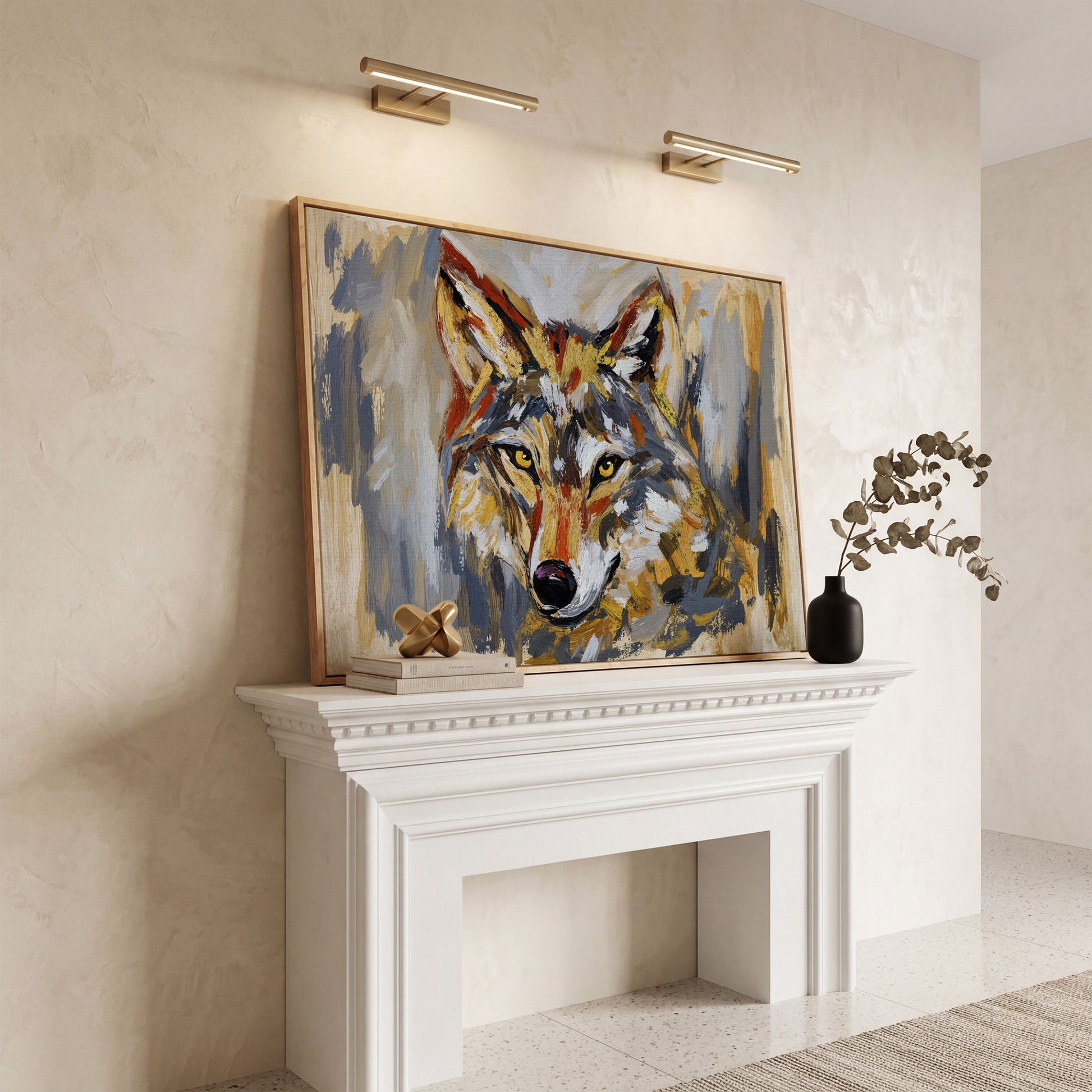 Close-Up Wolf Portrait Canvas Wall Art in white oak floating frame