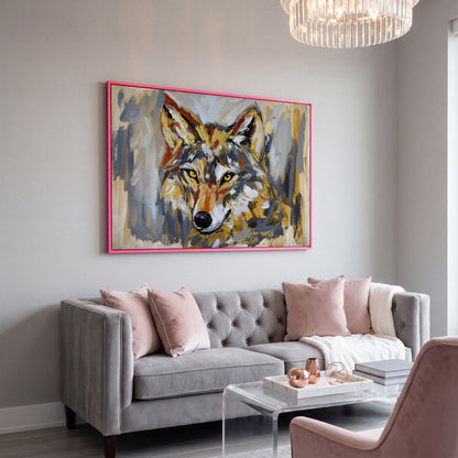 Close-Up Wolf Portrait Canvas Wall Art in pink floating frame