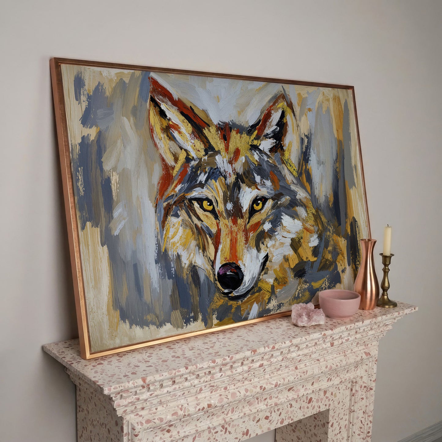 Close-Up Wolf Portrait Canvas Wall Art in rose gold floating frame