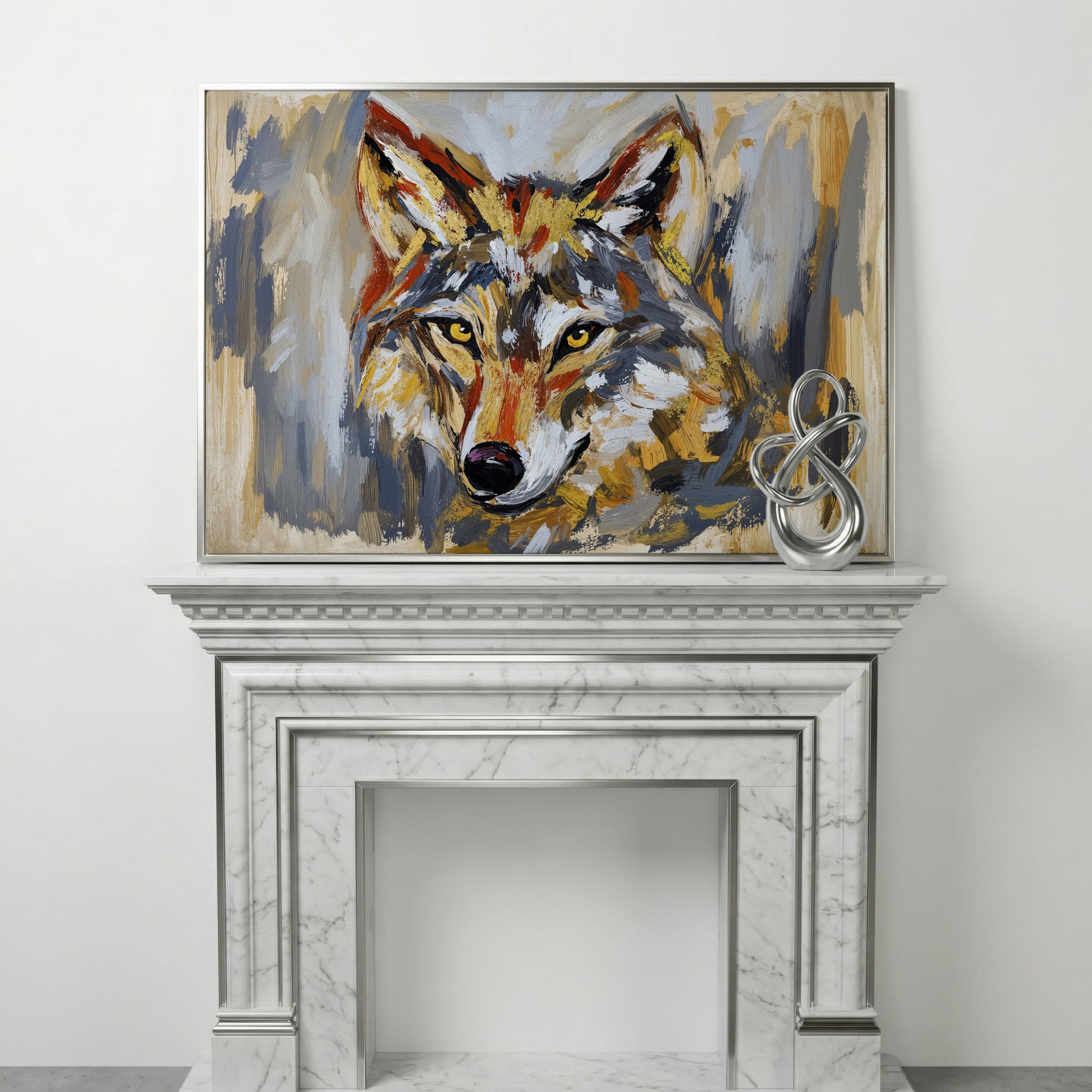 Close-Up Wolf Portrait Canvas Wall Art in silver floating frame