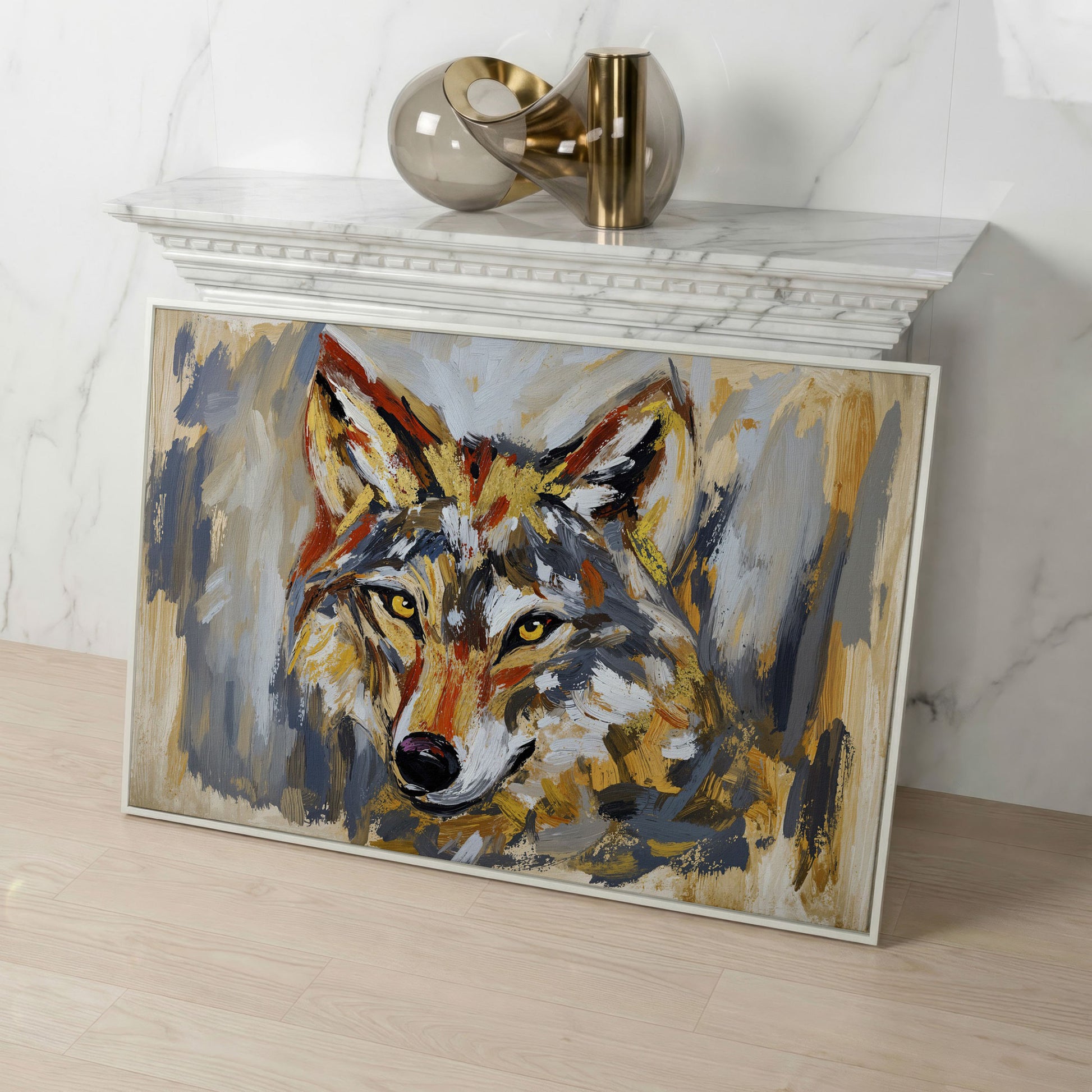 Close-Up Wolf Portrait Canvas Wall Art in white floating frame