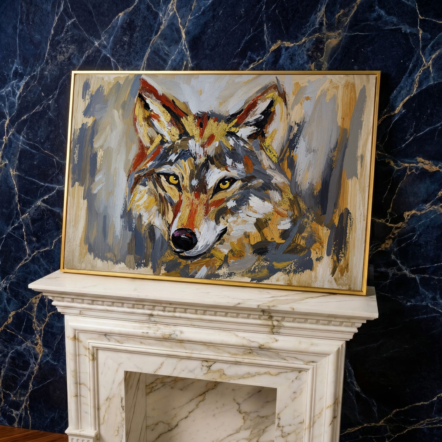 Close-Up Wolf Portrait Canvas Wall Art in yellow gold floating frame
