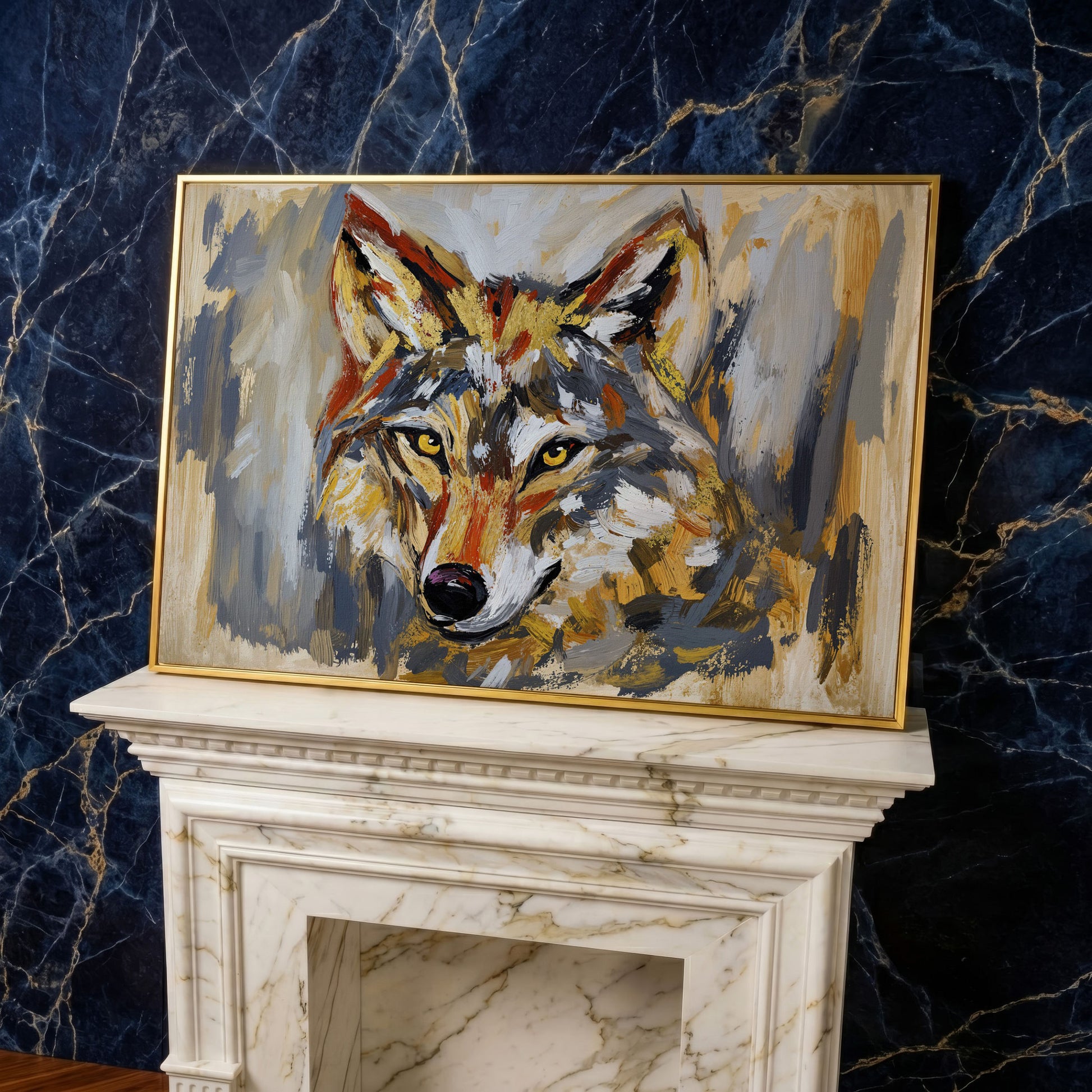 Close-Up Wolf Portrait Canvas Wall Art in yellow gold floating frame