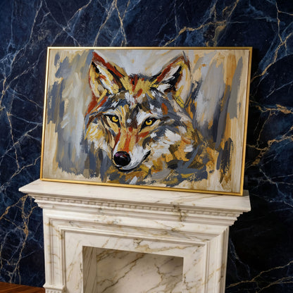 Close-Up Wolf Portrait Canvas Wall Art in yellow gold floating frame