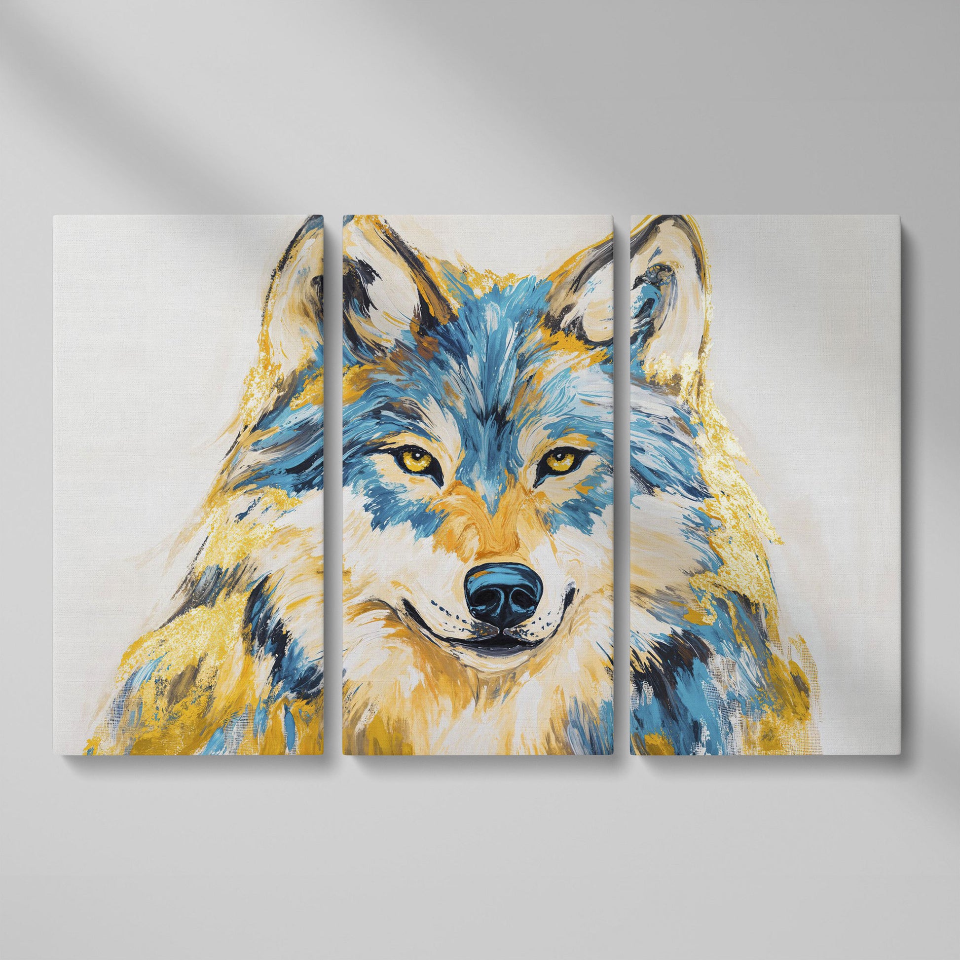 Wolf Portrait Canvas Art. Large Wildlife Wall Art as 3-panel split version