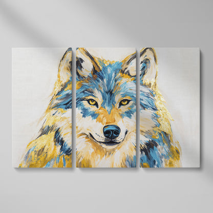 Wolf Portrait Canvas Art. Large Wildlife Wall Art as 3-panel split version