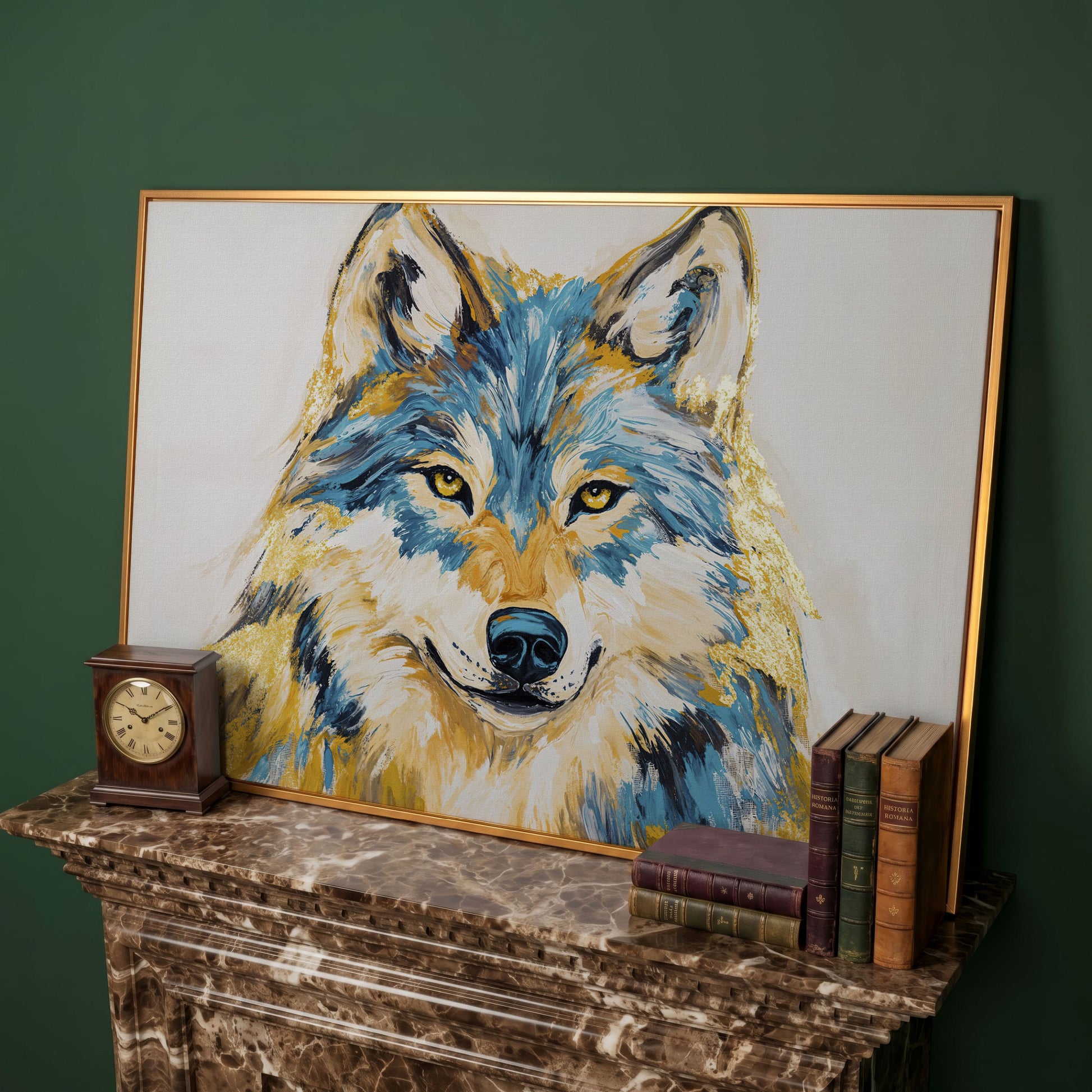 Wolf Portrait Canvas Art. Large Wildlife Wall Art in antique gold floating frame