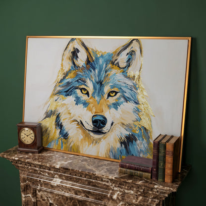 Wolf Portrait Canvas Art. Large Wildlife Wall Art in antique gold floating frame