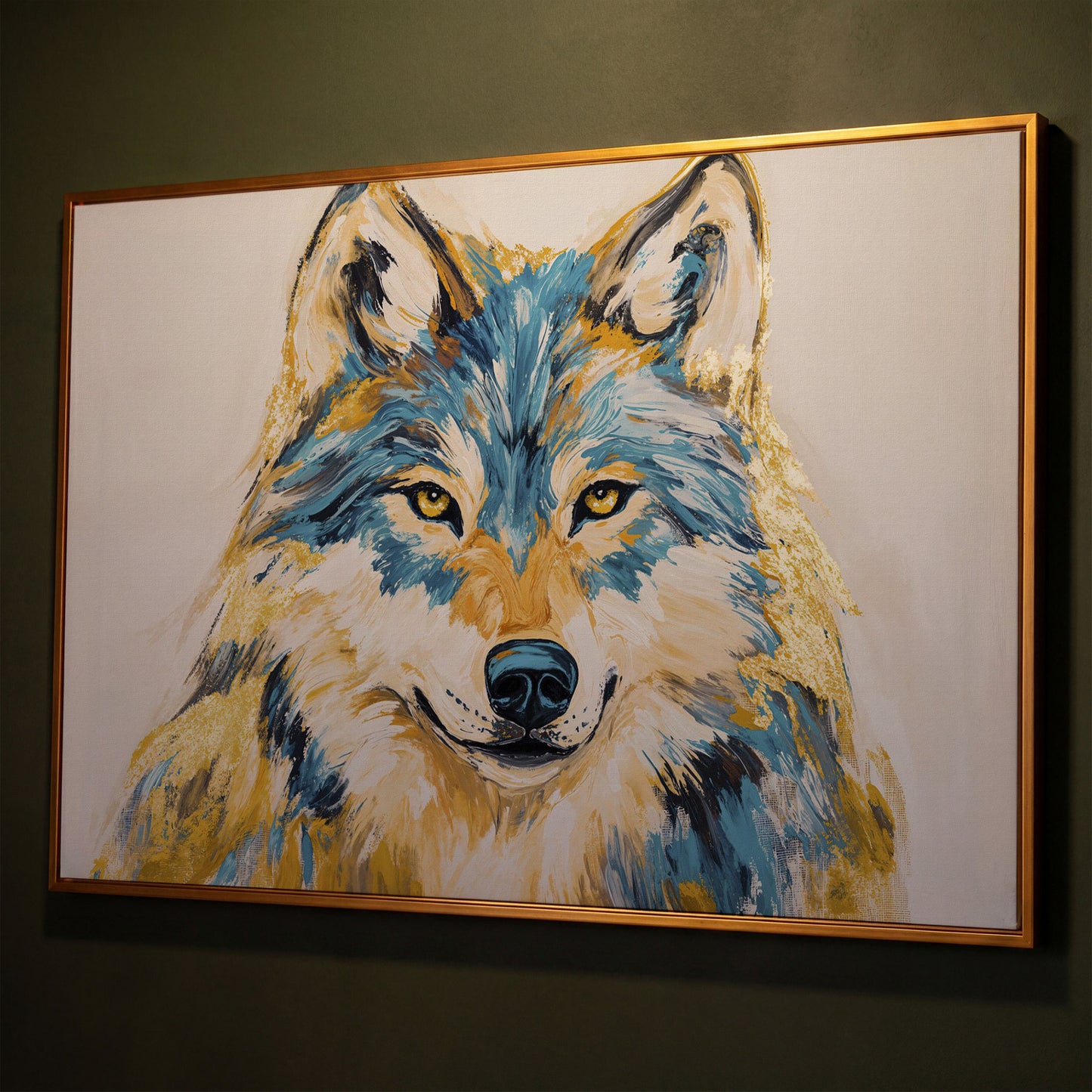 Wolf Portrait Canvas Art. Large Wildlife Wall Art shown in antique gold floating frame