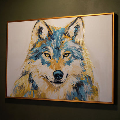 Wolf Portrait Canvas Art. Large Wildlife Wall Art shown in antique gold floating frame