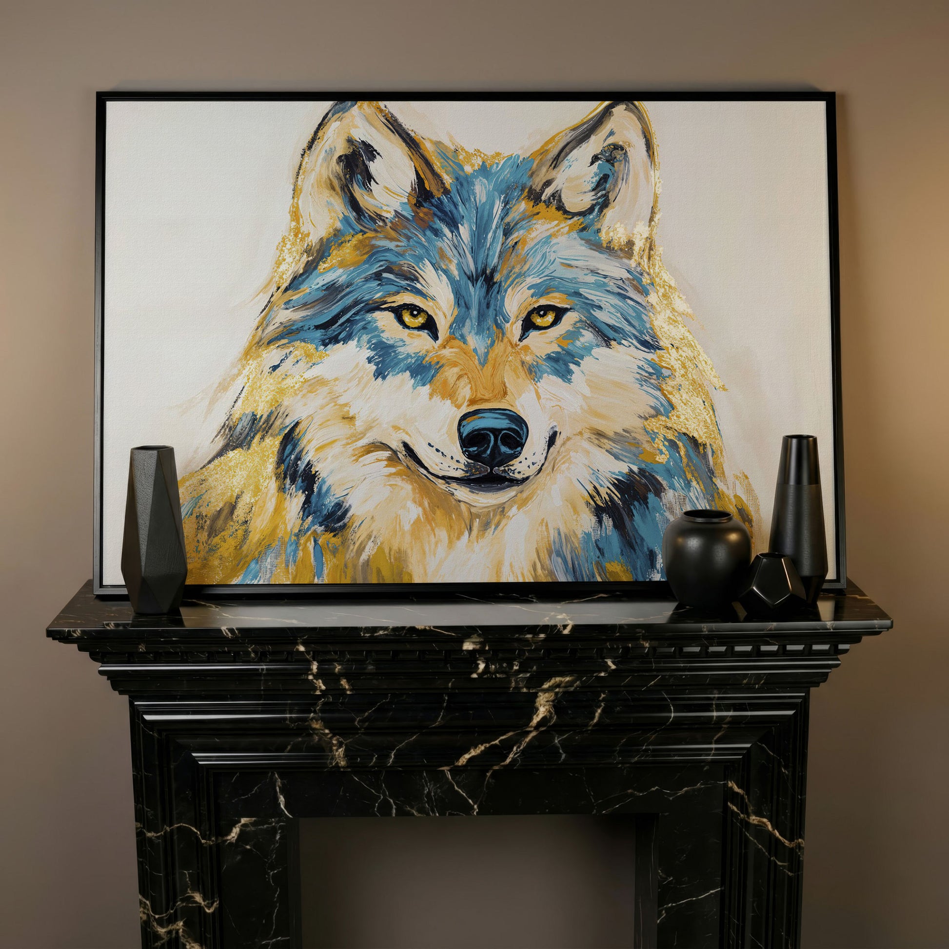 Wolf Portrait Canvas Art. Large Wildlife Wall Art in black floating frame