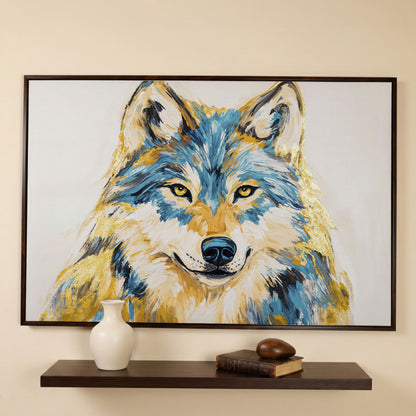 Wolf Portrait Canvas Art. Large Wildlife Wall Art in dark walnut floating frame