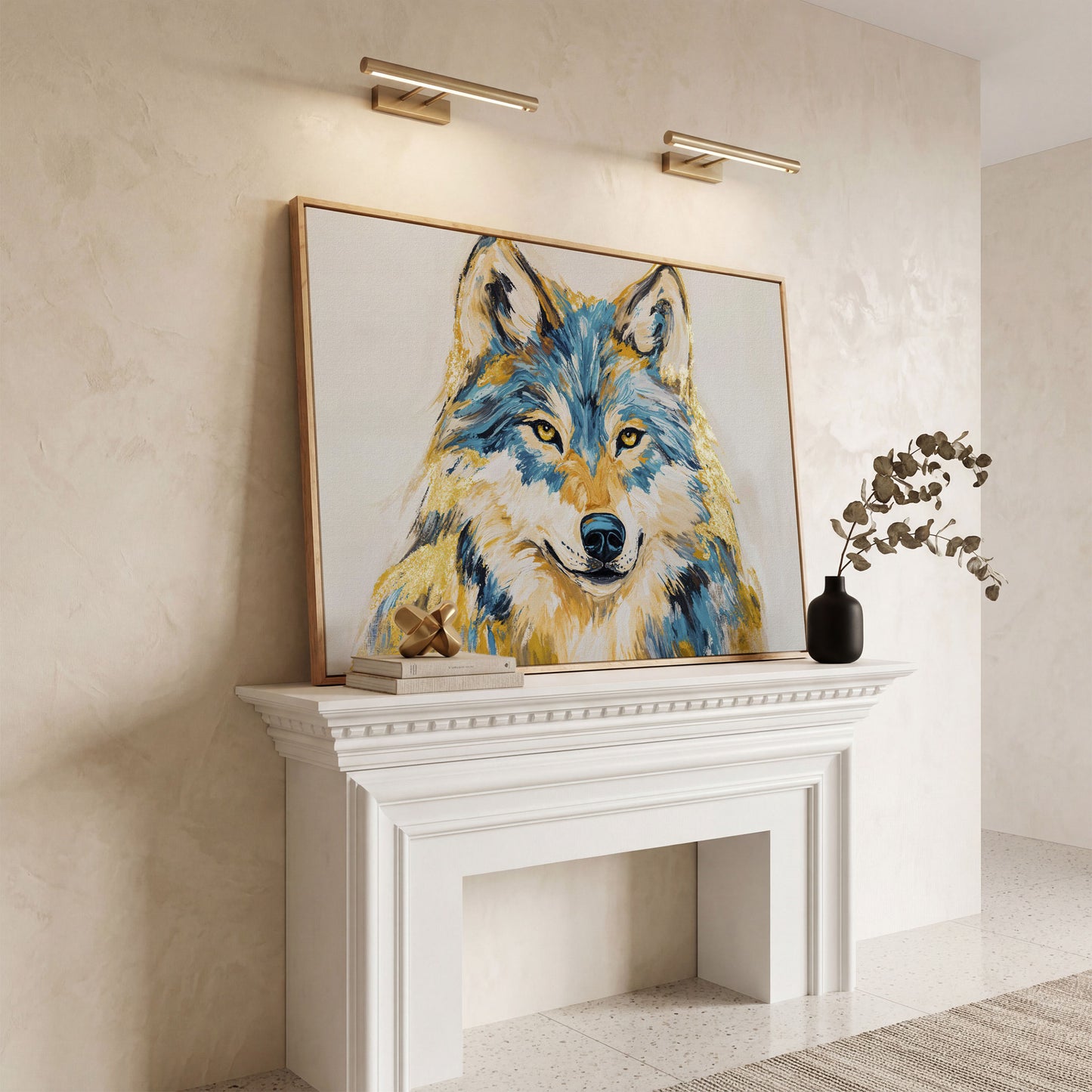 Wolf Portrait Canvas Art. Large Wildlife Wall Art in white oak floating frame