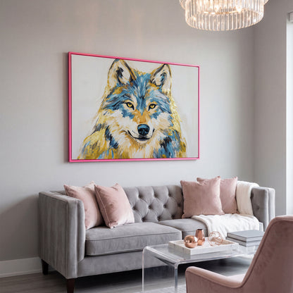 Wolf Portrait Canvas Art. Large Wildlife Wall Art in pink floating frame