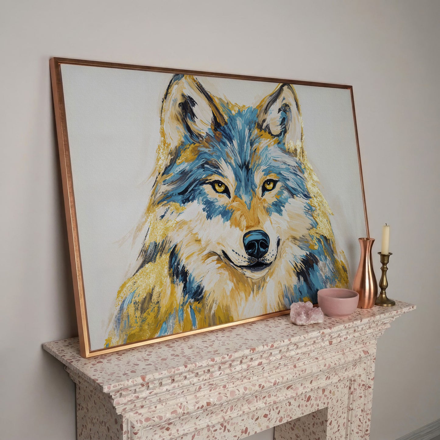 Wolf Portrait Canvas Art. Large Wildlife Wall Art in rose gold floating frame