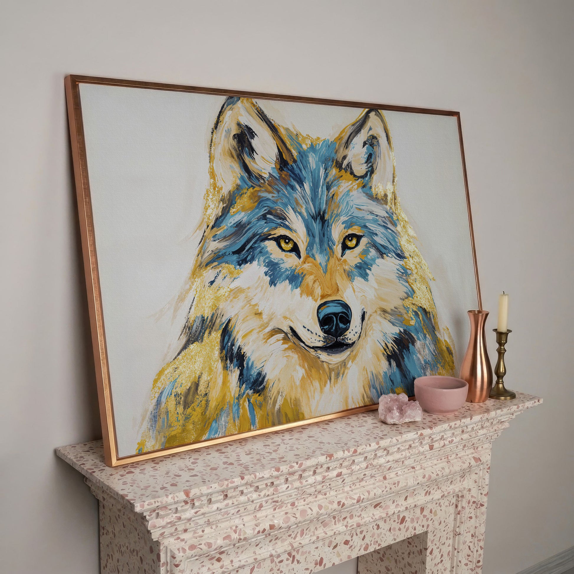 Wolf Portrait Canvas Art. Large Wildlife Wall Art in rose gold floating frame