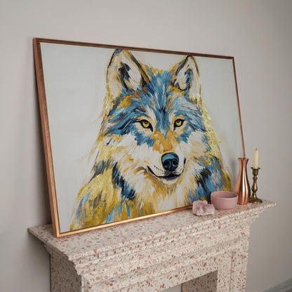 Wolf Portrait Canvas Art. Large Wildlife Wall Art in rose gold floating frame
