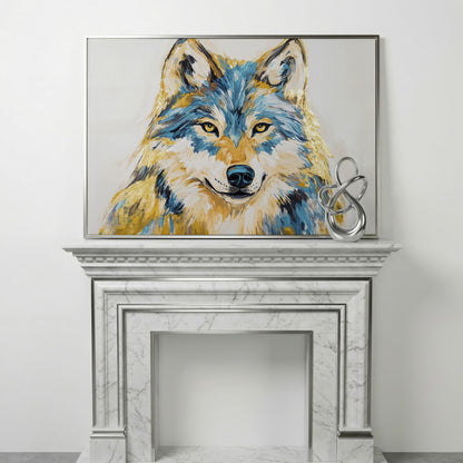 Wolf Portrait Canvas Art. Large Wildlife Wall Art in silver floating frame