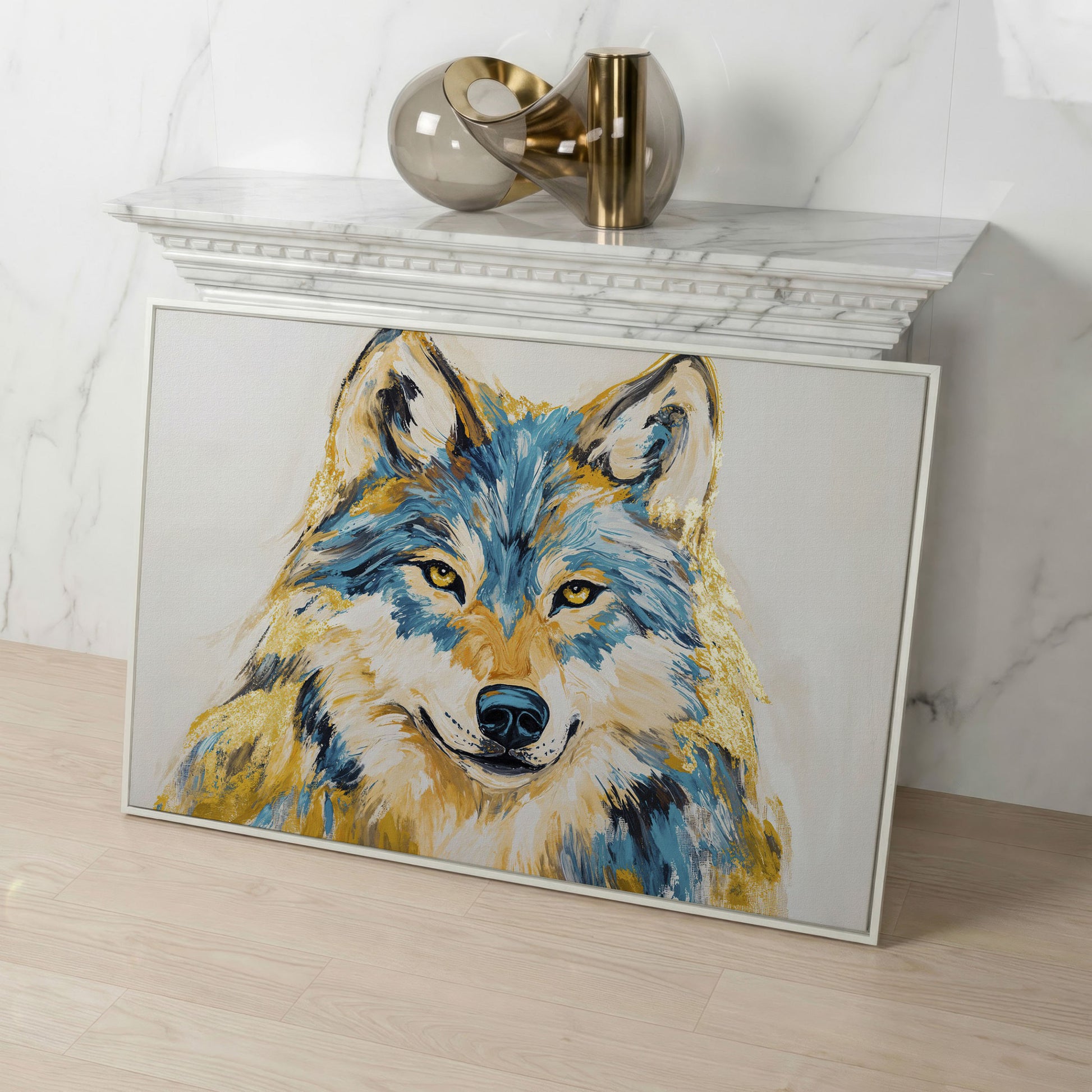 Wolf Portrait Canvas Art. Large Wildlife Wall Art in white floating frame