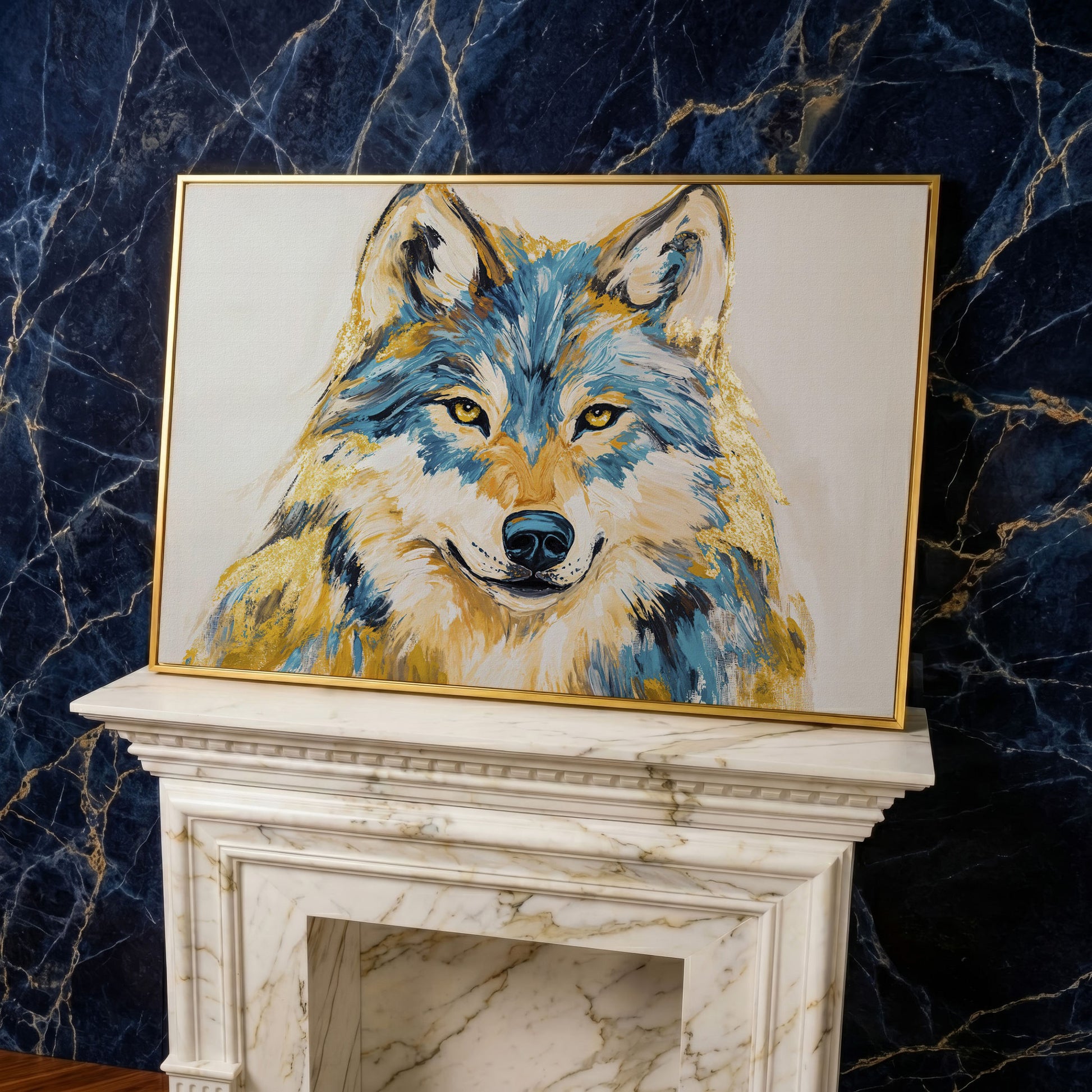 Wolf Portrait Canvas Art. Large Wildlife Wall Art in yellow gold floating frame