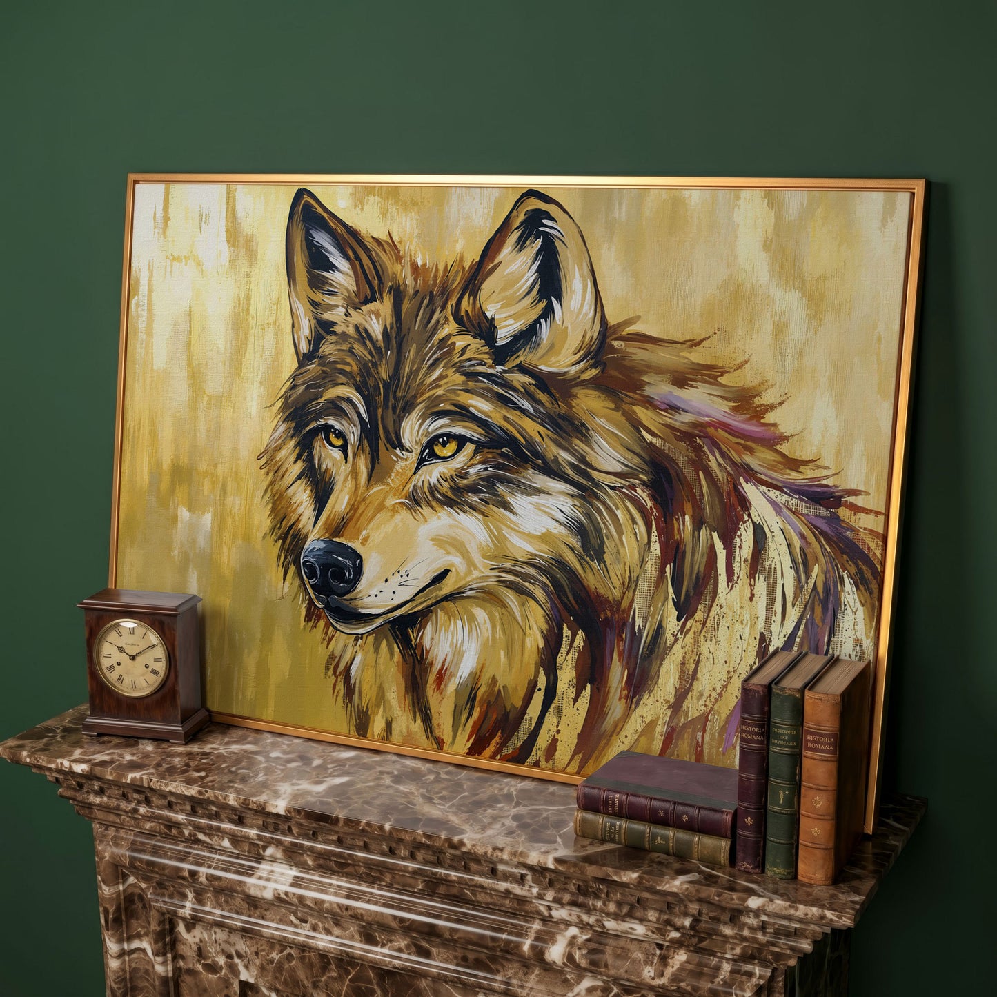 Wolf Portrait Canvas Wall Art in antique gold floating frame