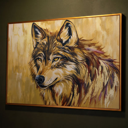 Wolf Portrait Canvas Wall Art shown in antique gold floating frame