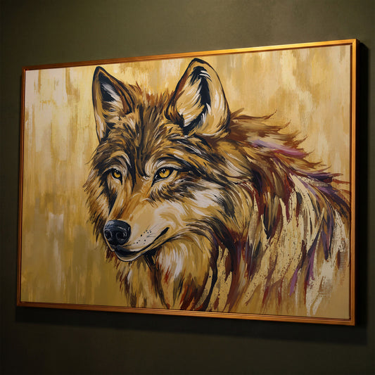Wolf Portrait Canvas Wall Art shown in antique gold floating frame