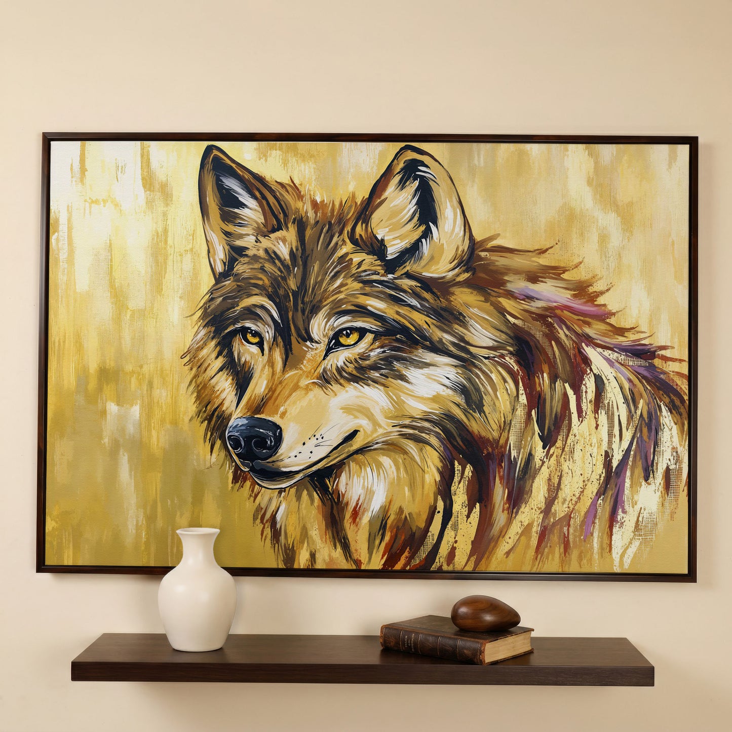 Wolf Portrait Canvas Wall Art in dark walnut floating frame