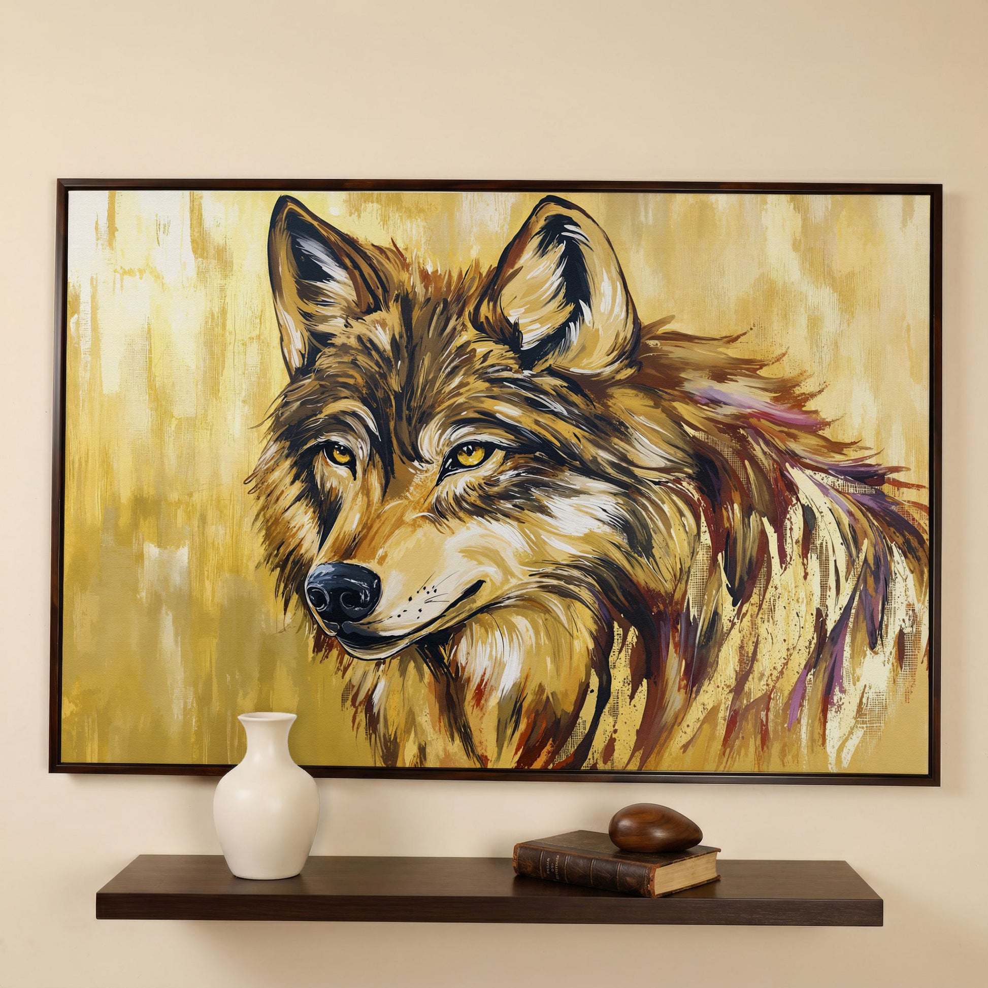 Wolf Portrait Canvas Wall Art in dark walnut floating frame