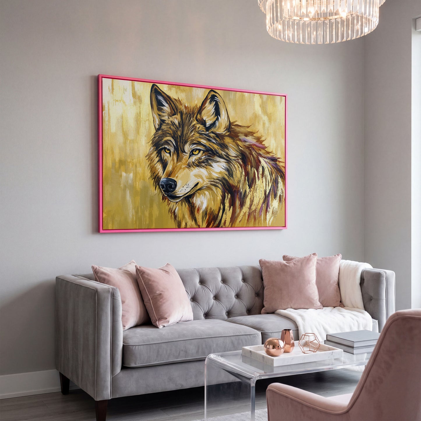 Wolf Portrait Canvas Wall Art in pink floating frame