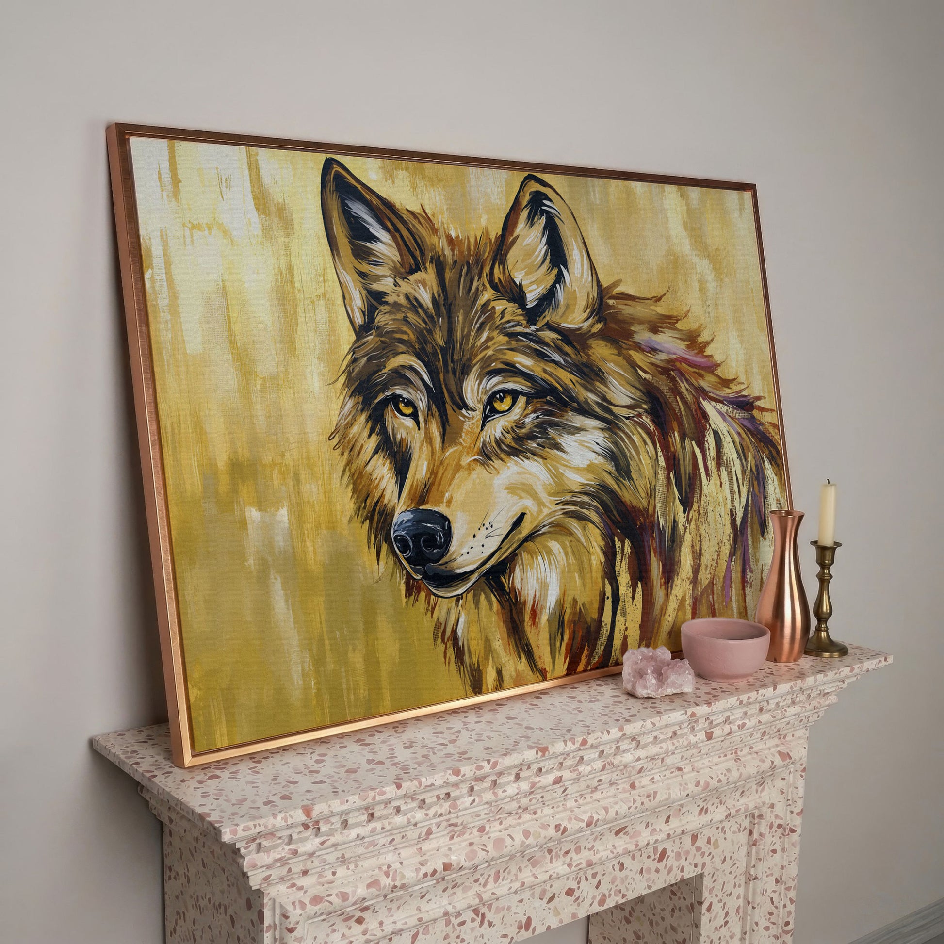 Wolf Portrait Canvas Wall Art in rose gold floating frame