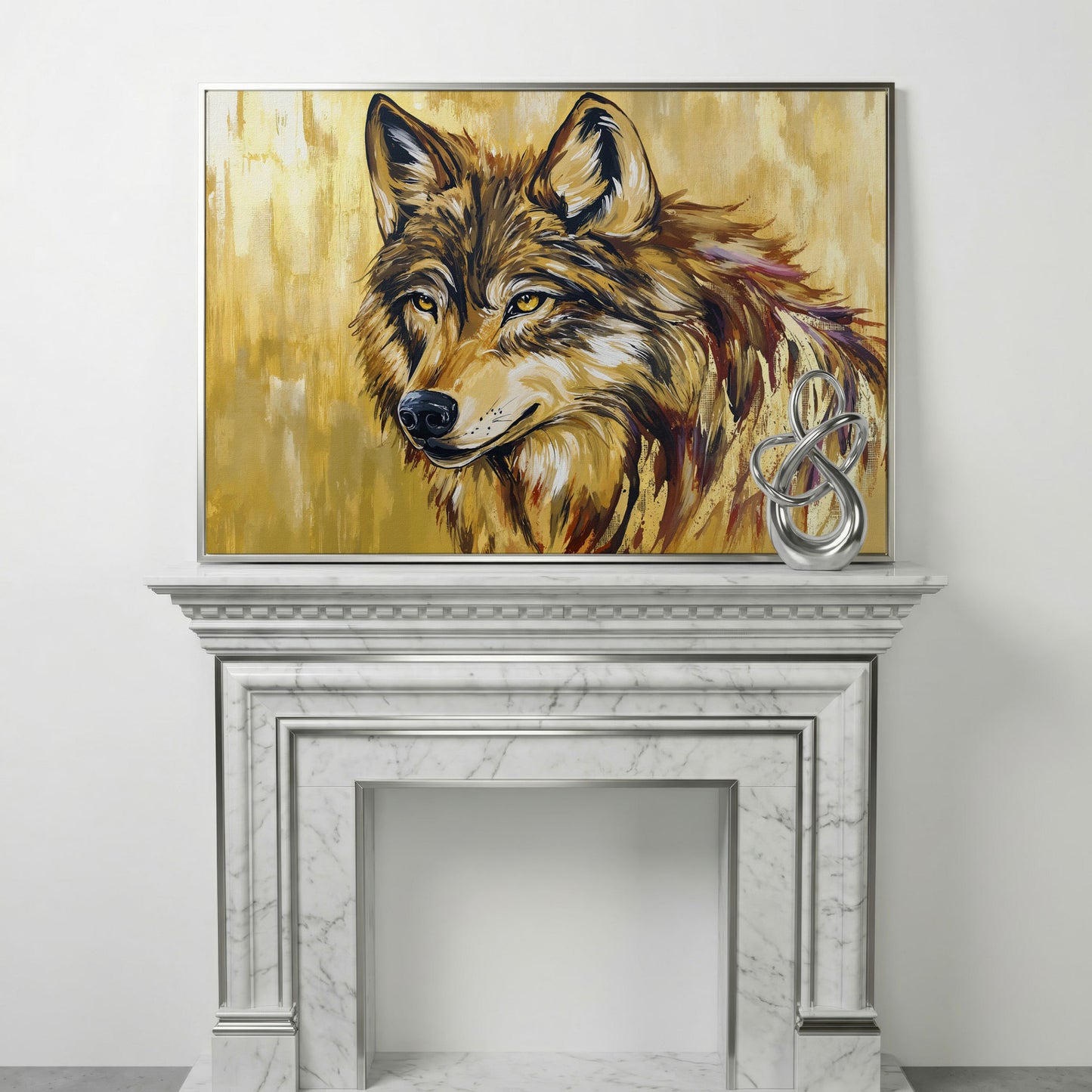 Wolf Portrait Canvas Wall Art in silver floating frame