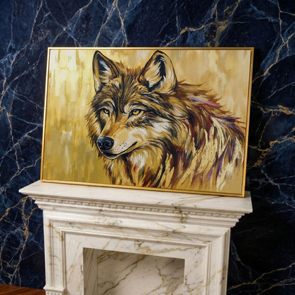 Wolf Portrait Canvas Wall Art in yellow gold floating frame
