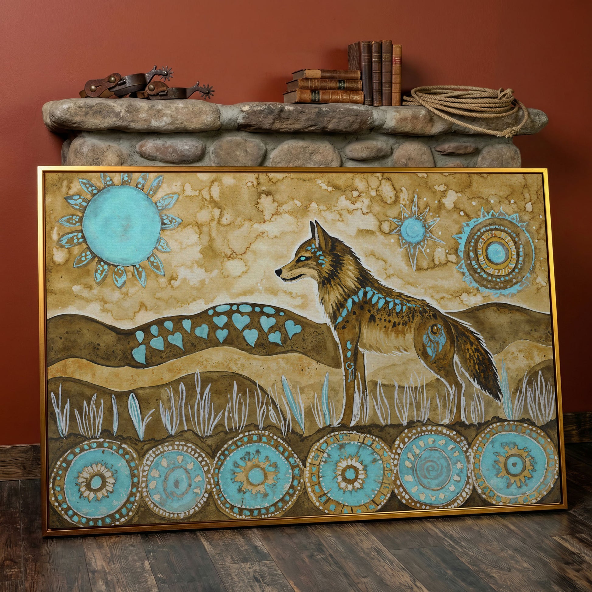 Geometric Wolf Canvas Wall Art with Celestial Details in antique gold floating frame