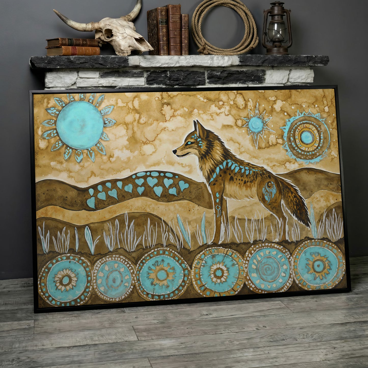 Geometric Wolf Canvas Wall Art with Celestial Details in black floating frame