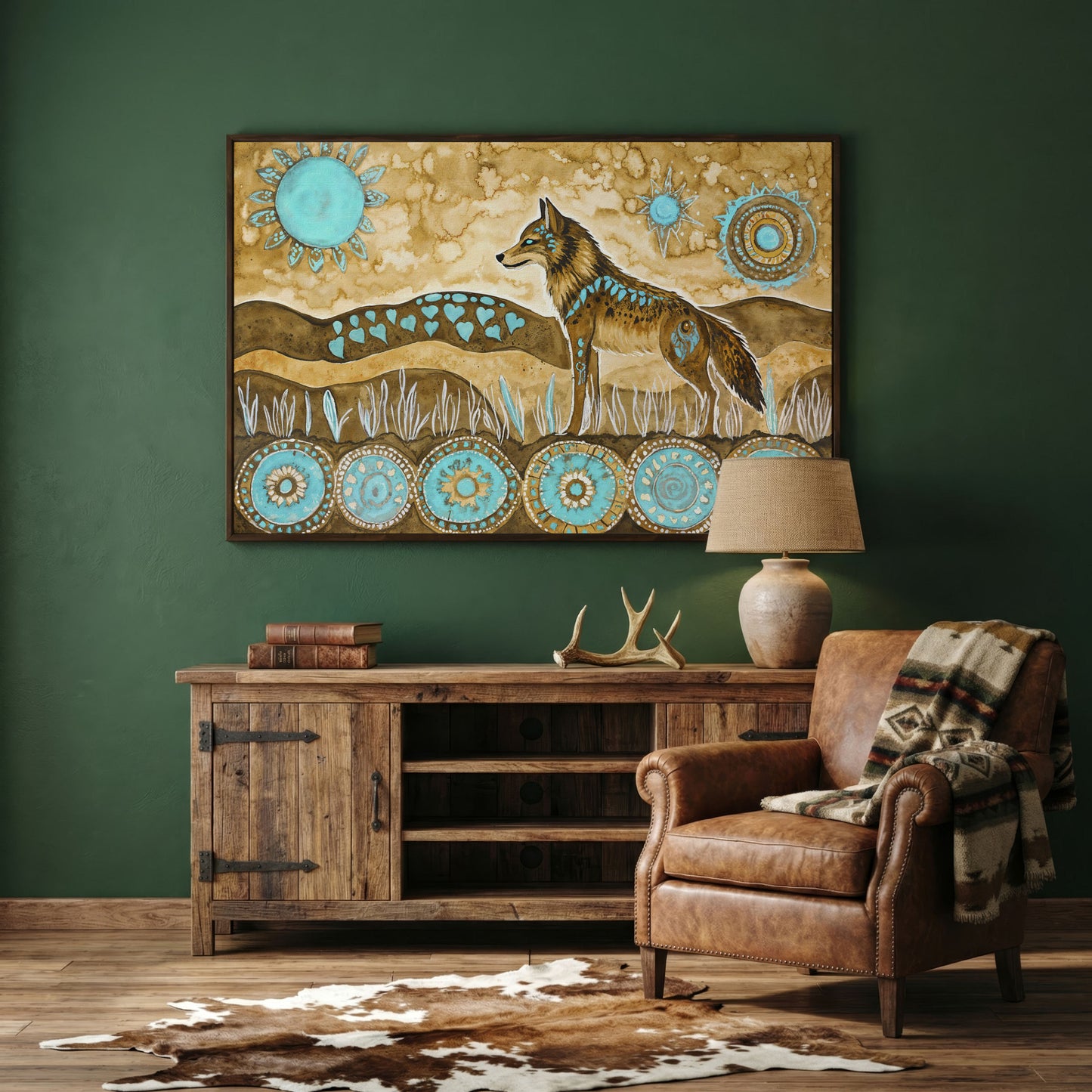Geometric Wolf Canvas Wall Art with Celestial Details in dark walnut floating frame