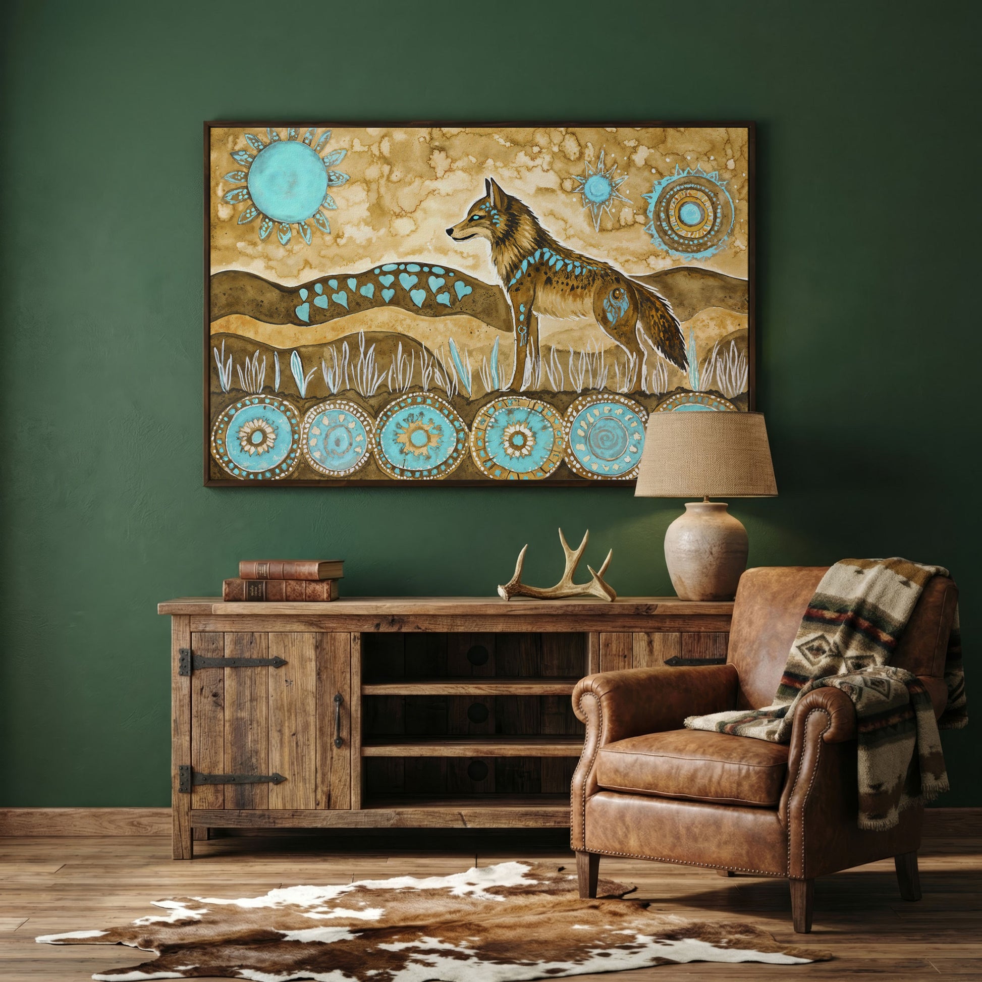 Geometric Wolf Canvas Wall Art with Celestial Details in dark walnut floating frame