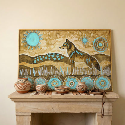 Geometric Wolf Canvas Wall Art with Celestial Details in white oak floating frame