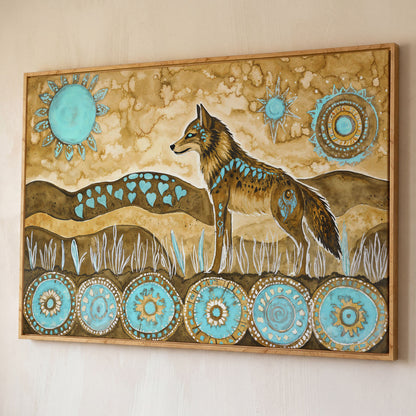 Geometric Wolf Canvas Wall Art with Celestial Details shown in white oak floating frame