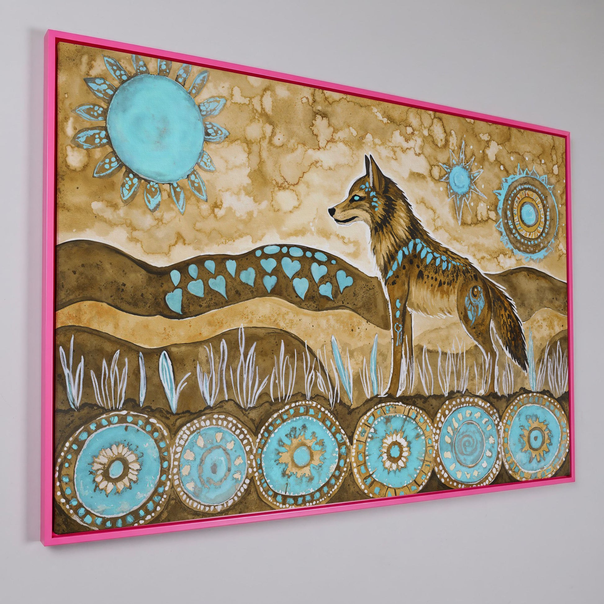 Geometric Wolf Canvas Wall Art with Celestial Details in pink floating frame