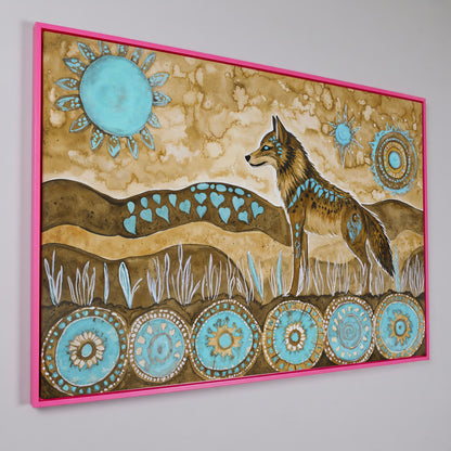Geometric Wolf Canvas Wall Art with Celestial Details in pink floating frame