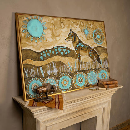 Geometric Wolf Canvas Wall Art with Celestial Details in rose gold floating frame