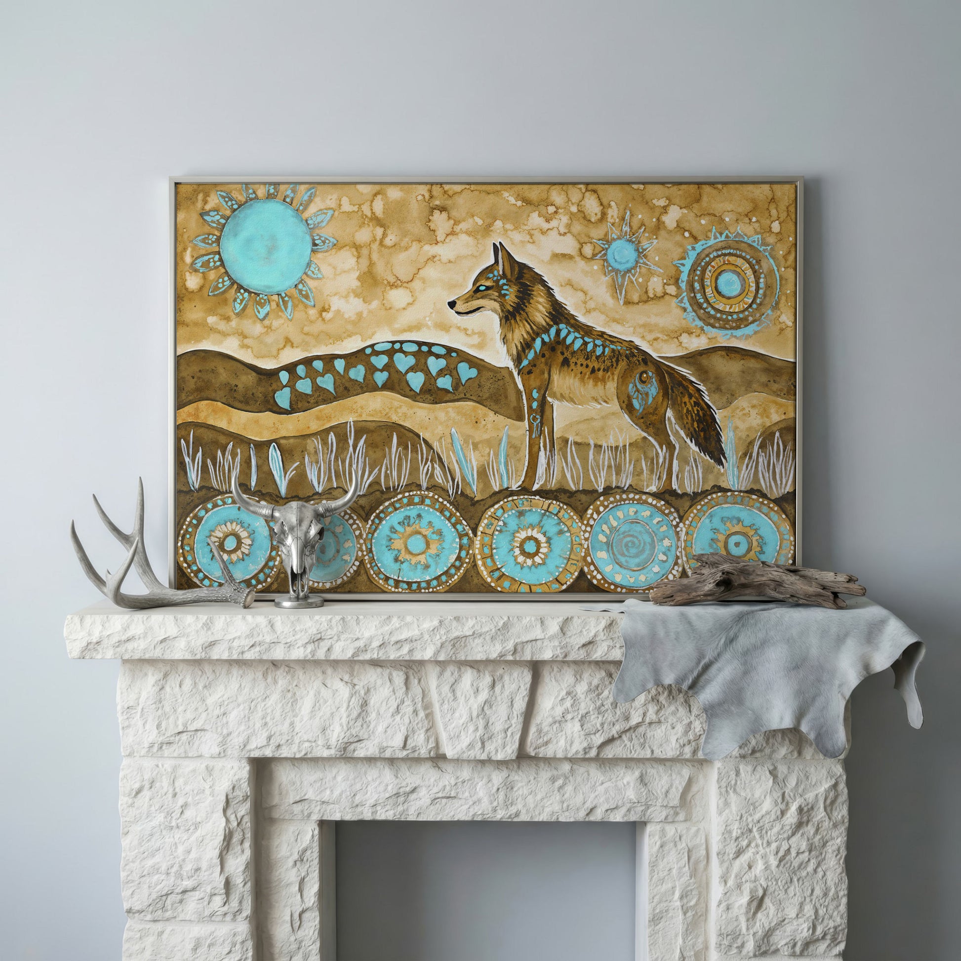 Geometric Wolf Canvas Wall Art with Celestial Details in silver floating frame