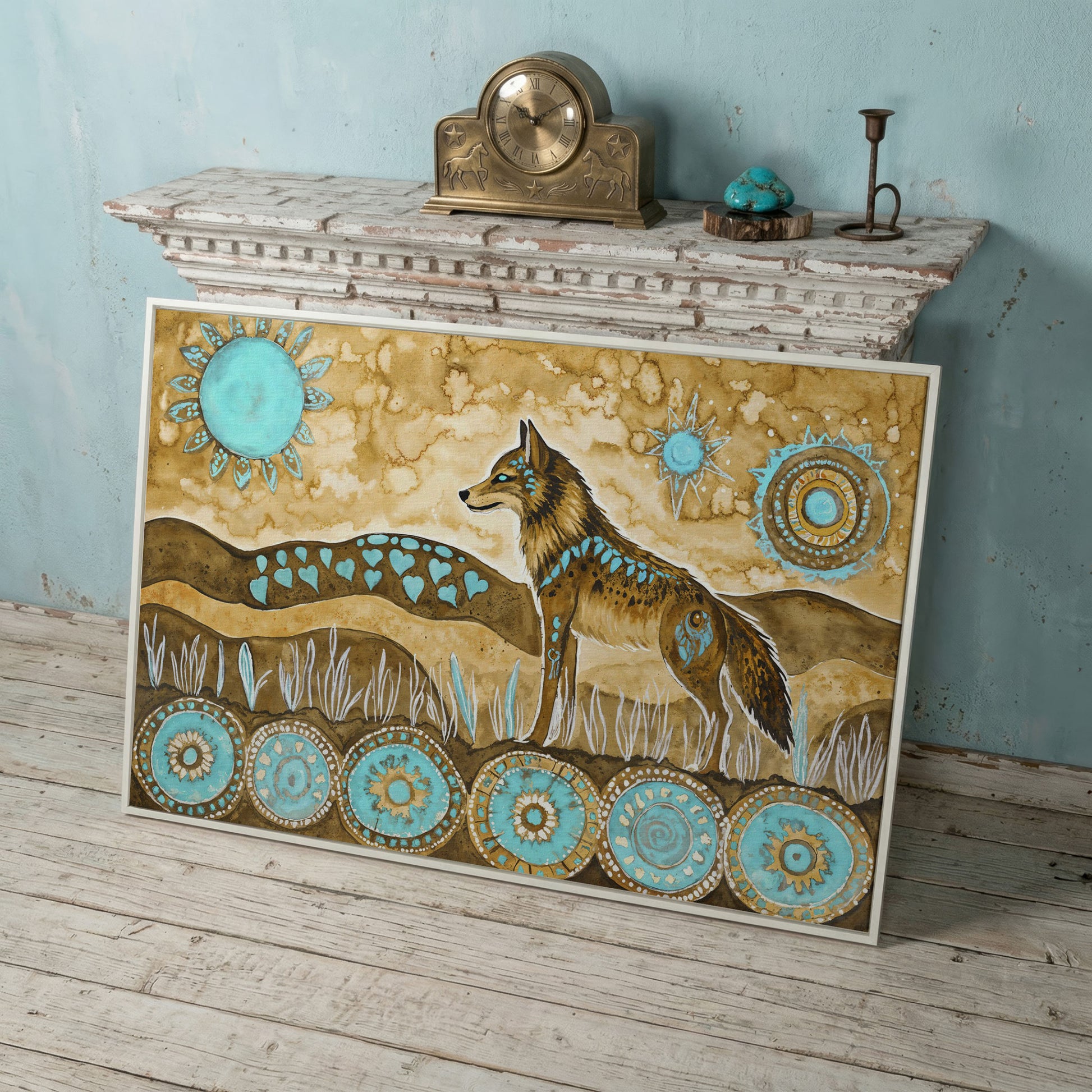 Geometric Wolf Canvas Wall Art with Celestial Details in white floating frame
