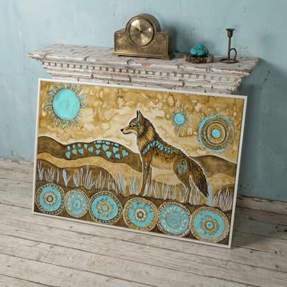 Geometric Wolf Canvas Wall Art with Celestial Details in white floating frame