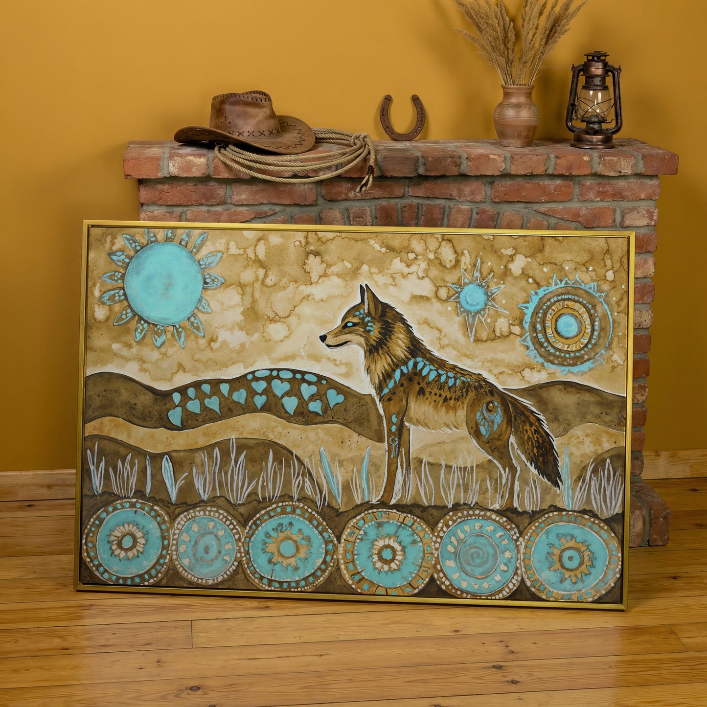 Geometric Wolf Canvas Wall Art with Celestial Details in yellow gold floating frame